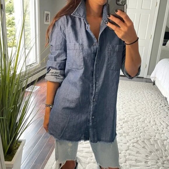Raquel Allegra Blue Cotton Denim Fringe-Hem Button Down Shirt – Size 3 (Medium) - Picture 3 of 7